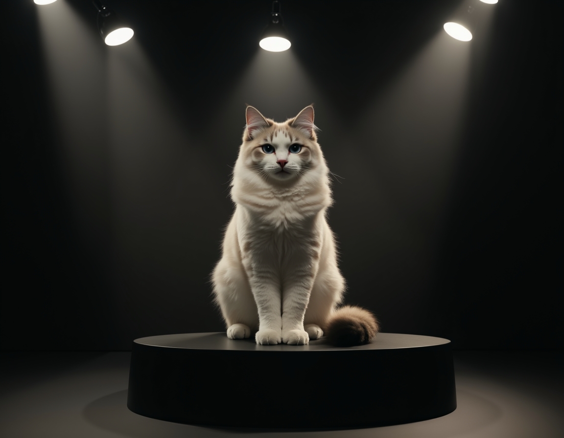 Photorealistic studio portrait of cat sitting elegantly on a black podium under a bright spotlight.